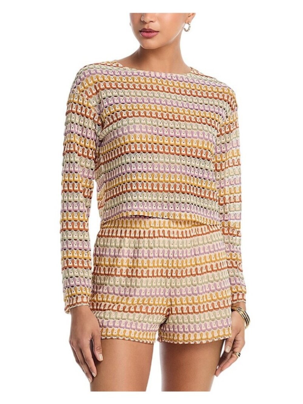 NWT Aqua Womens Crop Long Sleeve Crochet Knit Top YCG9855 Brown Multi M